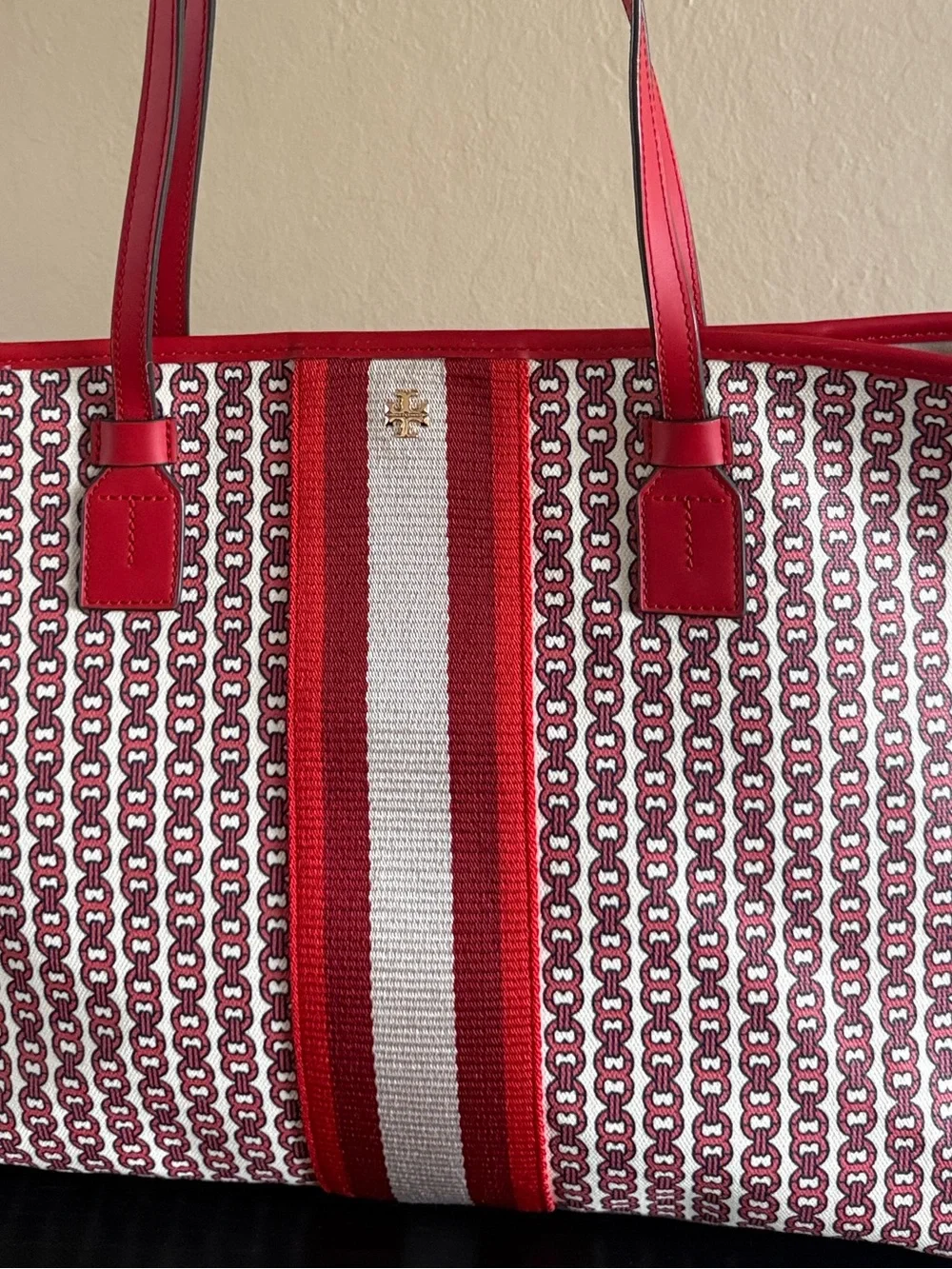 Tory Burch Gemini Link Canvas Tote Bag Red White Striped Like New